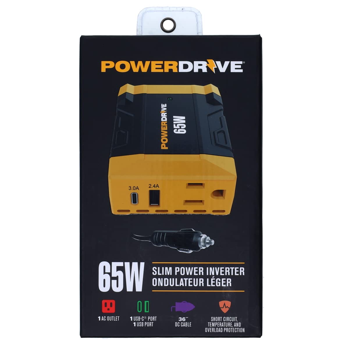 PowerDrive 65 Watt PWD65 Slim Power Inverter 12v DC to 110v AC with Outlet and 2 Ports