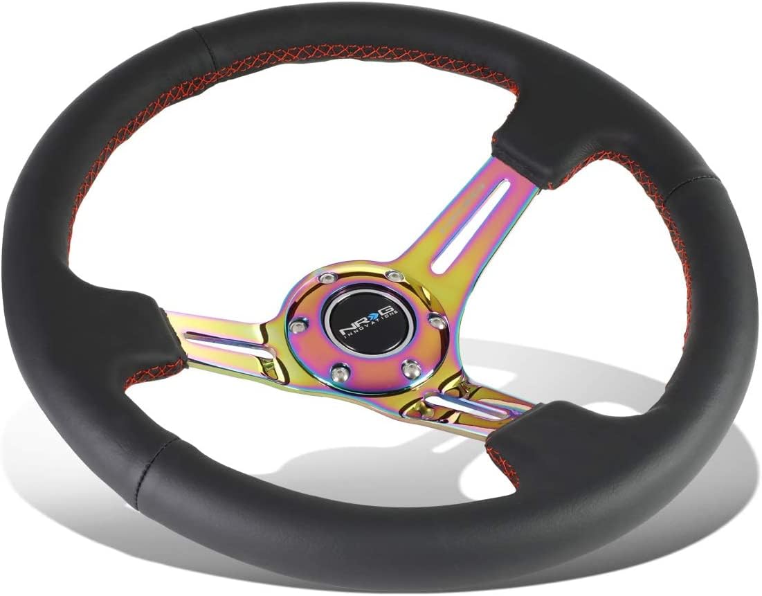 NRG Innovations Reinforced NRG-RST-018R-MCRS Steering Wheel 350mm Sport Steering Wheel Black Leather Wrapped (3" Deep) Red Stitch with Slits in Neochrome