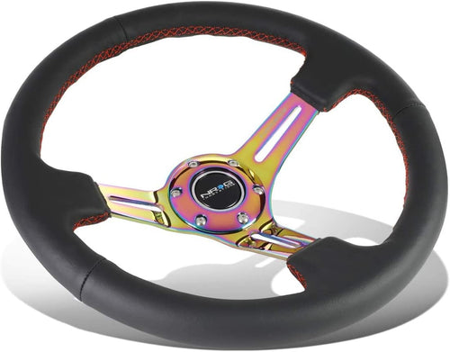 NRG Innovations Reinforced NRG-RST-018R-MCRS Steering Wheel 350mm Sport Steering Wheel Black Leather Wrapped (3" Deep) Red Stitch with Slits in Neochrome