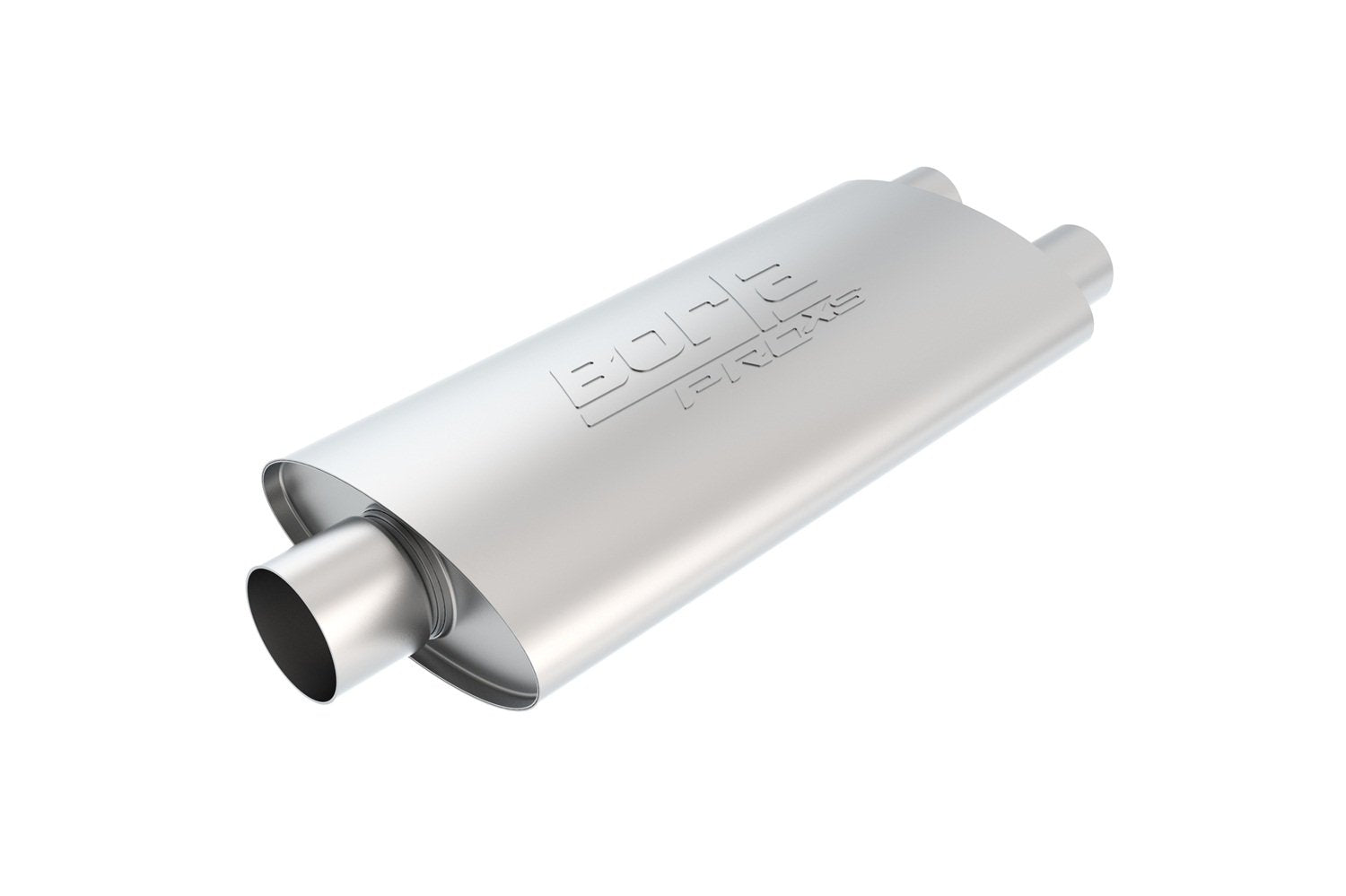 BORLA ProXS 40670 Muffler 3" Center Inlet/ 2.25" Dual Outlet, 4" x 9.5" Oval, 19" Long Body, 25" Overall Length. Universal Part. Reversible Design.