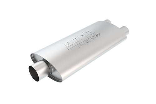 BORLA ProXS 40670 Muffler 3" Center Inlet/ 2.25" Dual Outlet, 4" x 9.5" Oval, 19" Long Body, 25" Overall Length. Universal Part. Reversible Design.