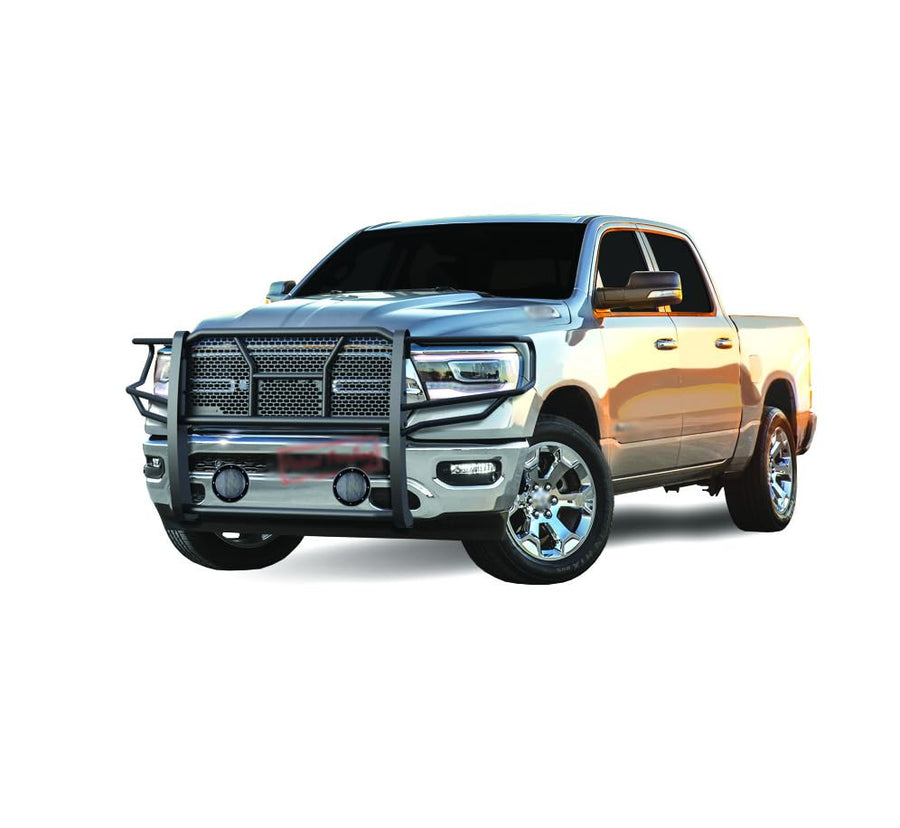 Heavy Duty Black Horse Rugged Grille Brush Bumper Guard Modular Come with Pair of 5.3" Dia.LED Lights with Black Trim Rings Compatible with 2019-2025 Ram 1500-RU-DORA19-B-PLFB