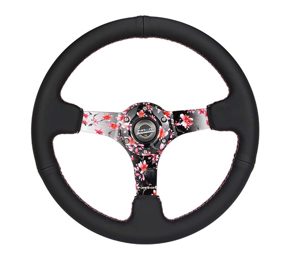 NRG Innovations Reinforced NRG-RST-036SAK-R Steering Wheel, Hydro Dipped Sakura Floral 3" Deep, 5mm Spoke, 350mm, Pink Suede with Black Baseball Stitching