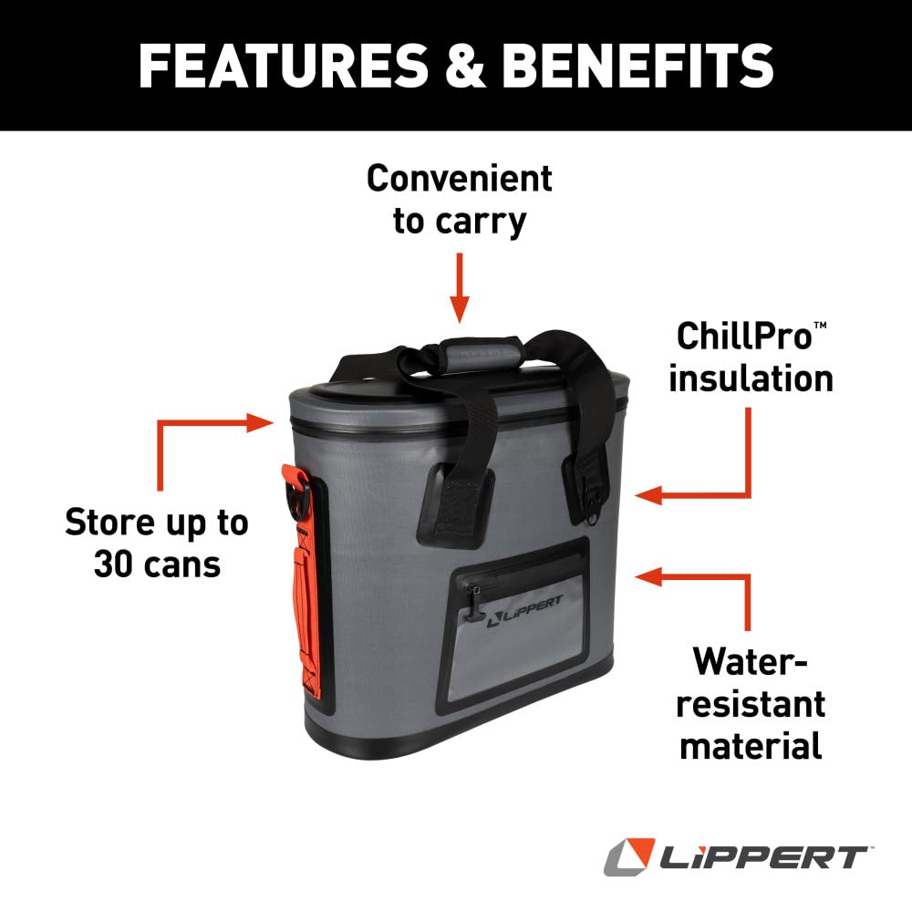 Lippert 30-Can Adventure Pro Soft Insulated Cooler Tote Bag, Up to 20 lbs. of Ice, 22-1/2 Quarts of Water, 8-1/4" x 20" x 17-1/2" Wide Mouth Opening, Padded Handle & Shoulder Strap - 2021099913