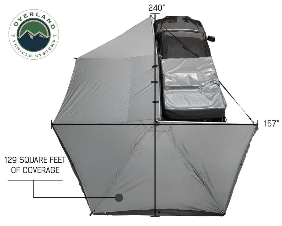 Overland Vehicle Systems Nomadic HD Awning 270 Driver Side - Dark Gray Cover with 1000G PVC Black Travel Cover Universal Fitment - Mounting Brackets Included