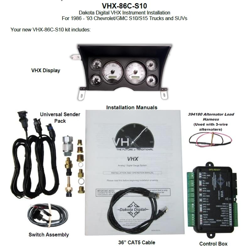 Dakota Digital VHX-86C-S-R-10 Analog Dash Gauge System Compatible with 1986-93 Chevy/GMC S-10/ S-15 Pickups and 1986-94 S-10/ S-15 Blazers/Jimmy, Silver Alloy Style, Red Backlighting