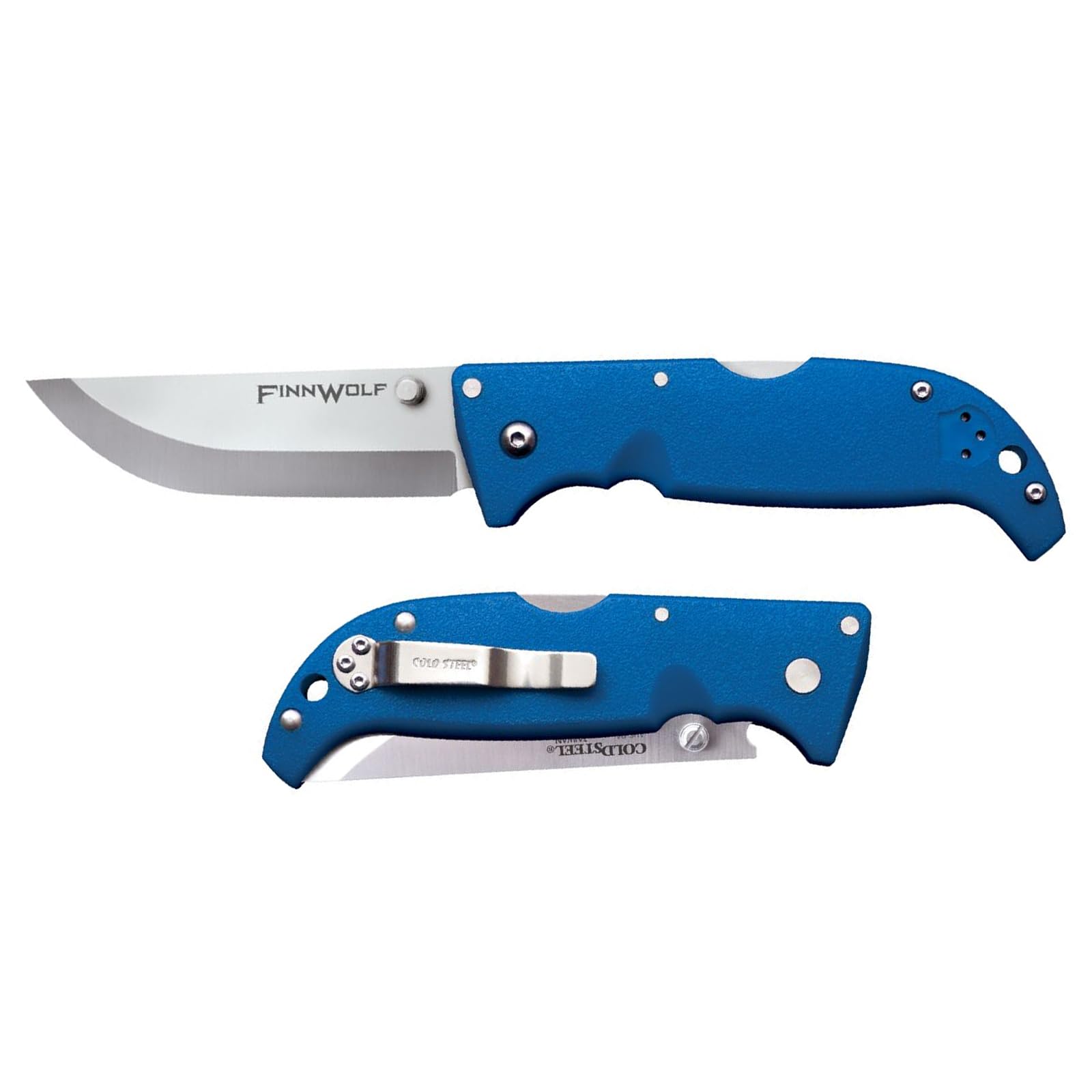 Cold Steel 3.5in Finn Wolf AUS8A Razor-Sharp Straight Back Blade 4.375in Griv-Ex Blue Handle Hunting Folding Knife, Boxed