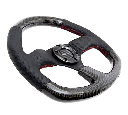 NRG Innovations Carbon Fiber NRG-ST-009CFRS Steering Wheel 320mm, Flat Bottom with Red Stitching Leather Tirm