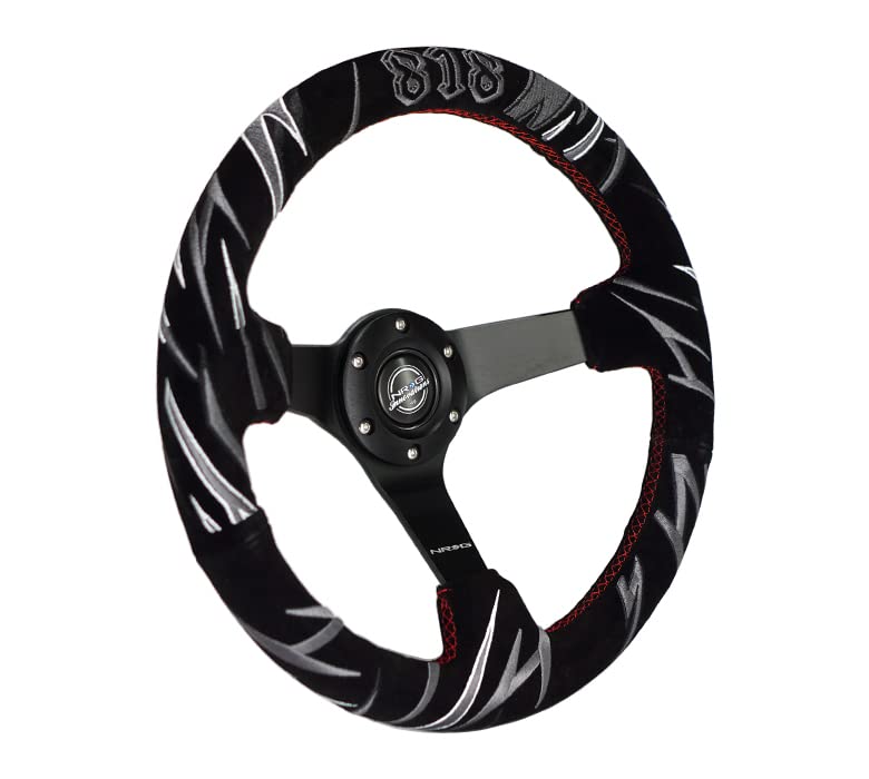 NRG Innovations Reinforced NRG-RST-036MB-S-JJR Steering Wheel 3" Deep, 5mm Matte Black Spoke, 350mm Sport Steering Wheel Black Suede with Red Stitching