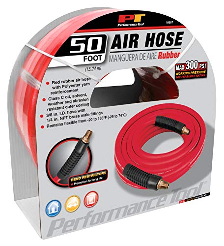 M667 Performance Tool 3/8" x 50' Red Rubber Air Hose - Durable and Flexible Hose for Industrial Use, Resistant to Oil and Abrasion