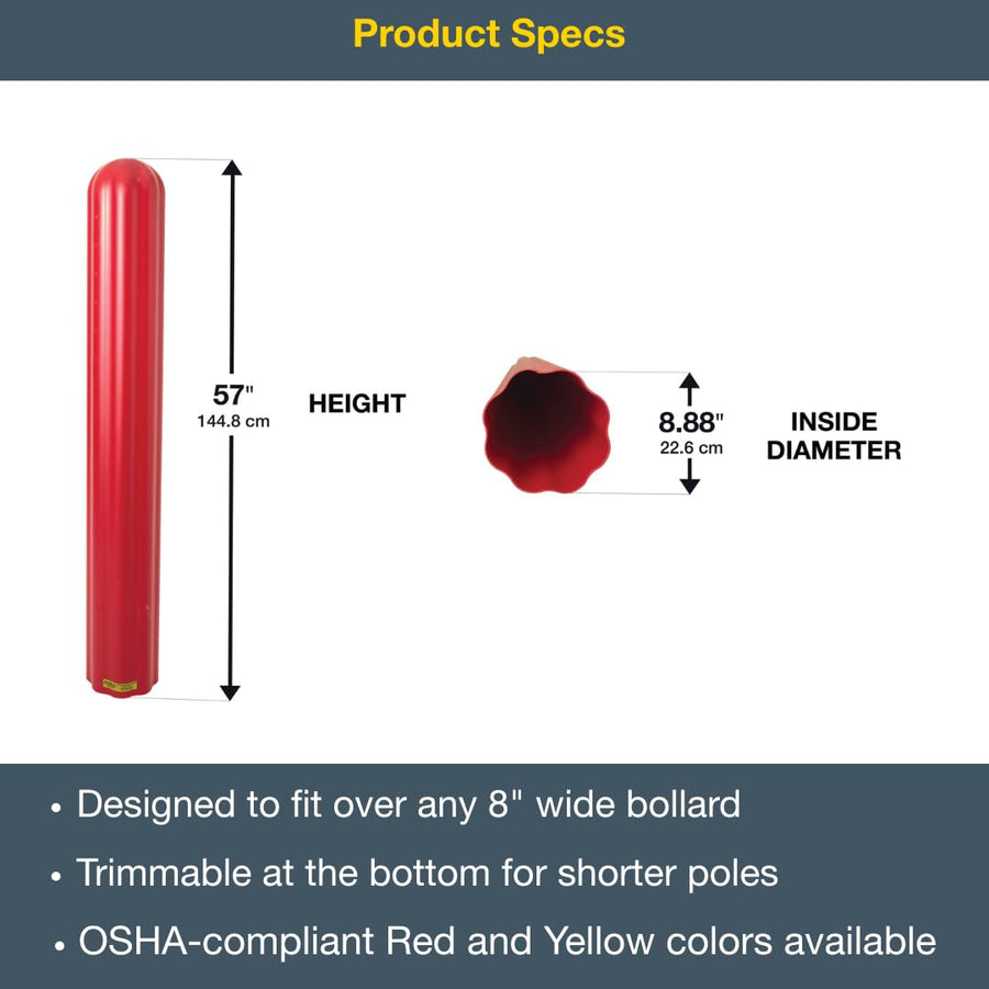 Bollard Covers Eagle for 8 Inch Poles - 56" Tall, Durable Fluted HDPE Plastic - Trimmable Red Bollard Post Sleeve for Parking Lots, Warehouses, and Loading Docks, 1738R