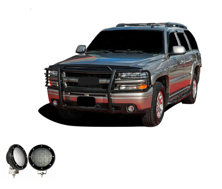Bumper Guard Black Horse Grille Brush Modular Black Come with Pair of 5.3" LED Lights Compatible with 1999-2002 Silverado 1500|2000-2006 Suburban 1500/Tahoe/Yukon/Yukon XL 1500-17GT23MA-PLFB