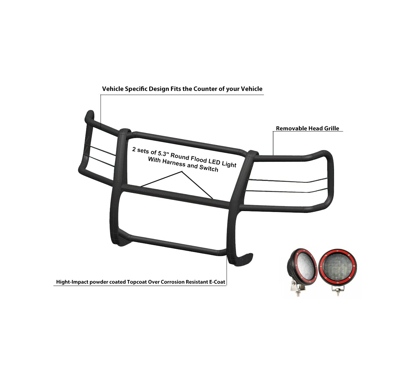 Bumper Guard Modular Black Black Horse Grille brush Come With Pair of 5.3" Dia.LED Lights with Red Trim Rings Compatible with 2015-2024 Chevrolet Express Passenger-17GV02MA-PLFR