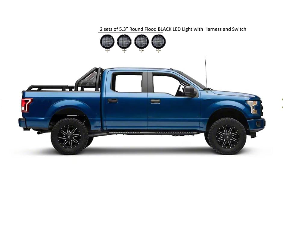 Gladiator Roll Bar Black Horse Incl. Set of 5.3" Dia.LED Lights Modular Black Compatible with Universal Roll Bar for 1/2 Ton Trucks (GM-Ford-Dodge- Tundra) -GLRB-01B-PLFB