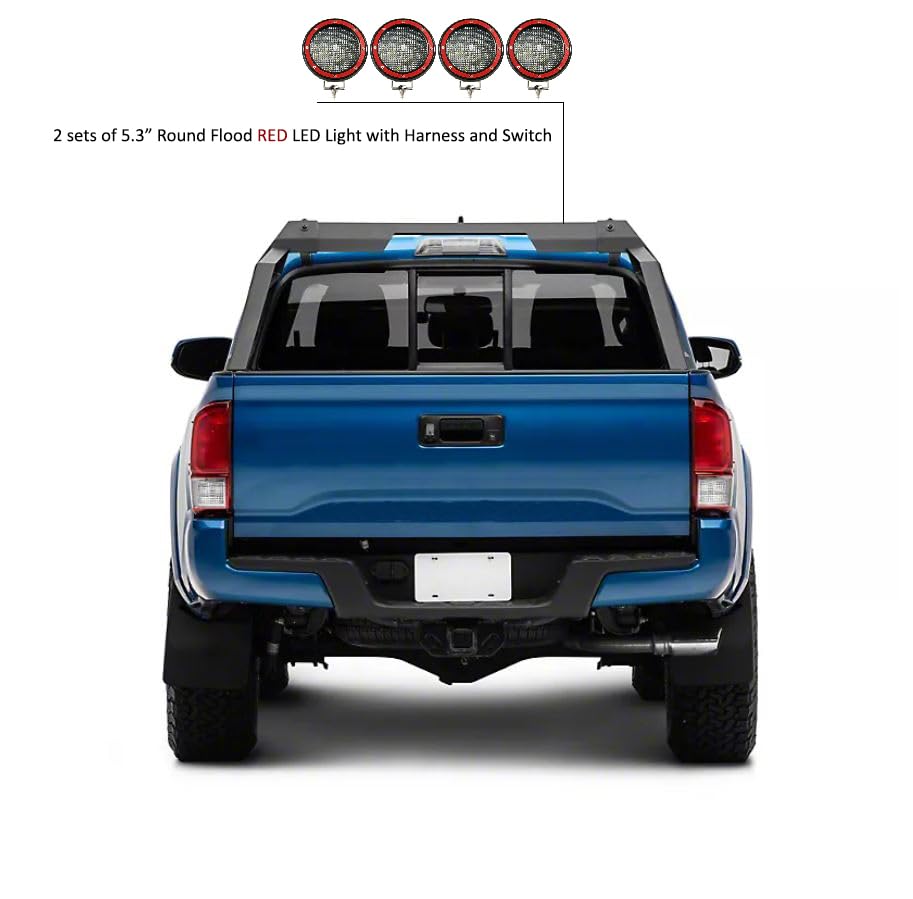 Armour Black Horse Roll Bar Incl. Set of 5.3" Dia.LED Lights w/Red Trim Rings Matte Black Compatible with 2015-2023 Chevrolet Colorado|2015-2023 GMC Canyon|2015-2023 Toyota Tacoma-RB-AR3B-PLFR