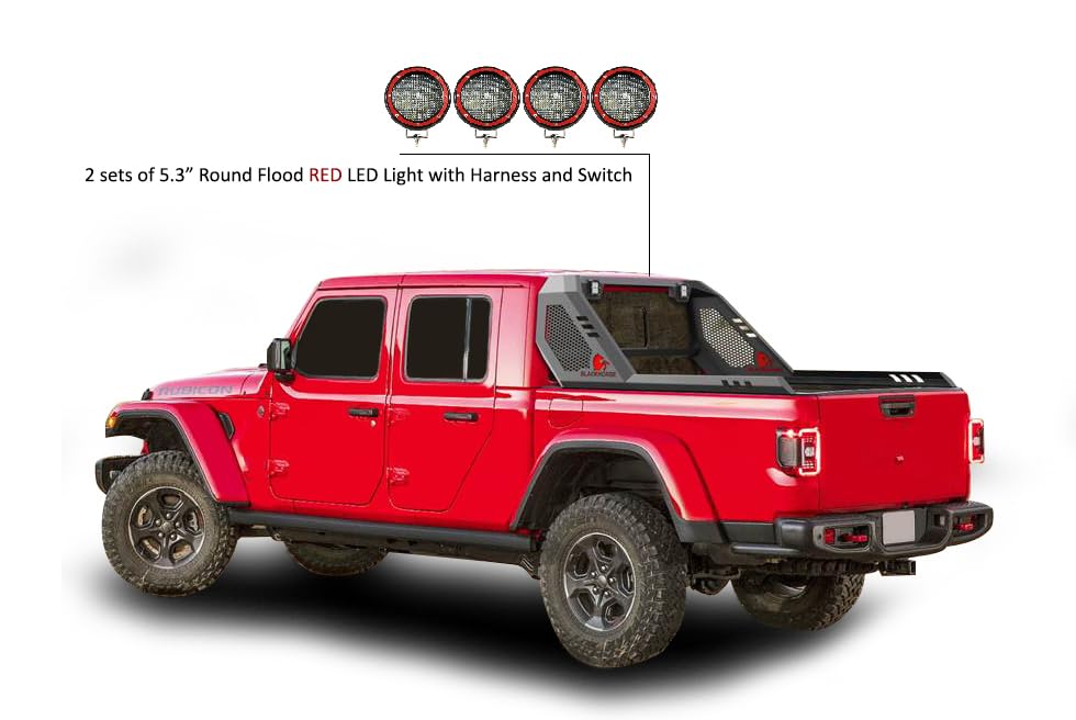 Vigor Black Horse Roll Bar Incl. Set of 5.3" Dia.Led Lights w/Red Trim Rings Modular Black Compatible with 2020-2024 Jeep Gladiator-VIRB09B-PLFR