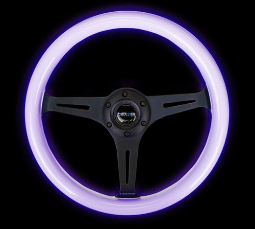 NRG Innovations Classic Wood Grain Steering Wheel, NRG-ST-015BK-GL-BL 350mm 3 Black Spokes- Glow-in-the-Dark Blue Color