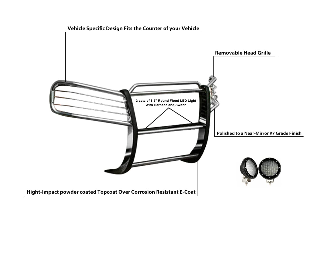 Bumper Guard Black Horse Grille Brush Modular Stainless Steel Come with Pair of 5.3" Dia.LED Lights with Black Trim Rings Compatible with 2002-2009 GMC Envoy-17GD26MSS-PLFB