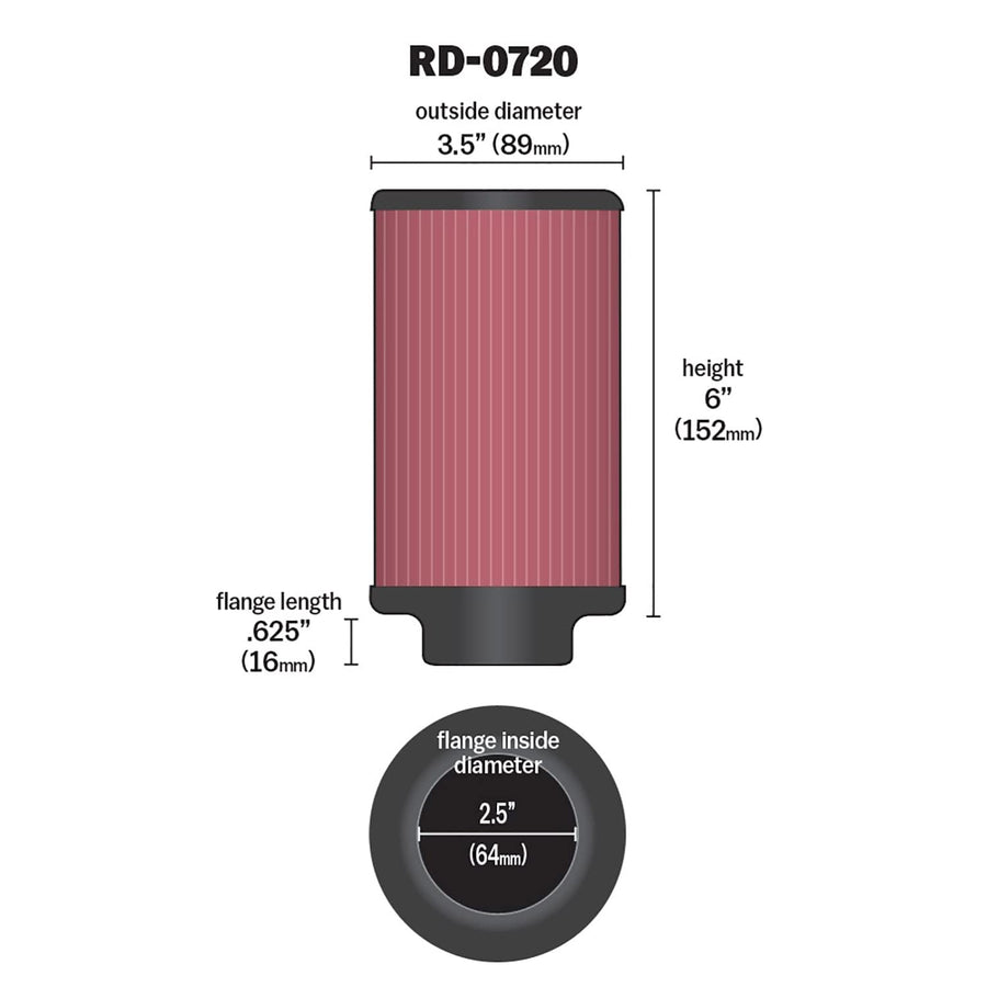 High-Flow K&N Original Lifetime Universal Clamp-On Air Filter: High Performance, Premium, Washable: Flange Diameter: 2.5 In, Filter Height: 6 In, Flange Length: 0.625 In, Shape: Round, RD-0720