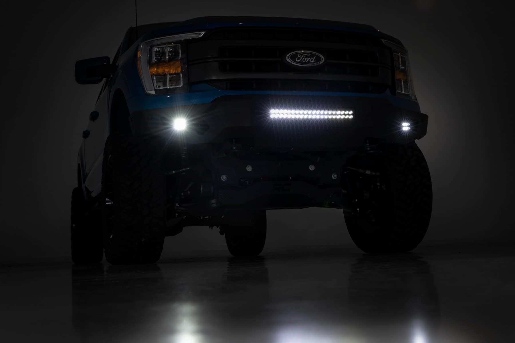 Rough Country Front High Clearance LED Bumper for Ford F-150 (2021–2023) - Steel Off-Road Protection w/Skid Plate, 20" Light Bar & 2" LED Cubes
