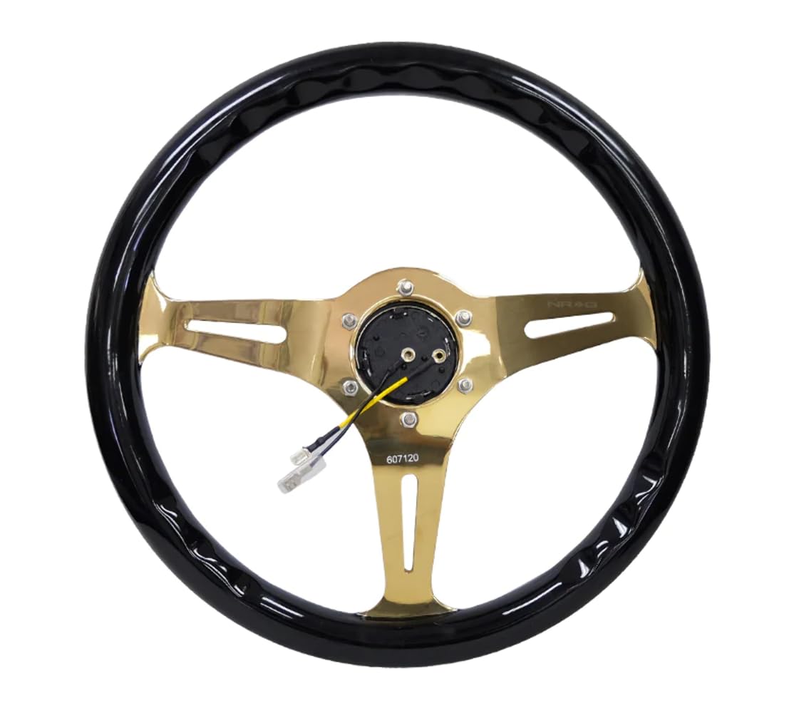 NRG Innovations Steering Wheel NRG-ST-015CG-BK - 350mm 25mm Deep Configuration, Classic Black Wood Grain Wheel with 3 Chrome Gole Spokes/Black Grip
