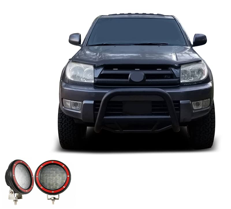 Max Bull Bar Black Horse Incl. Pair of 5.3" Dia.LED Lights w/Red Trim Rings No Skid Plate Compatible with 2003-2009 Lexus GX470|2003-2009 Toyota 4Runner-MBB-TOF7007-PLFR