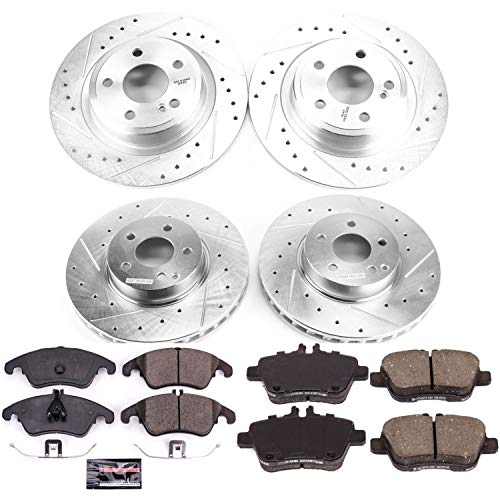 Power Stop K7497 Z23 Carbon Fiber Brake Pads with Front and Rear Drilled & Slotted Brake Rotors Kit