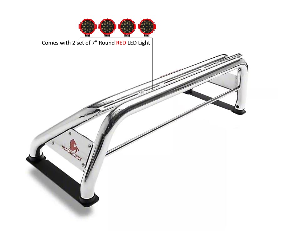 Classic Black Horse Roll Bar Incl. Pair of 7.0" Dia. LED Lights w/Red Trim Rings Stainless Steel Compatible with 19-24 Ram 1500 Excludes Classic models-RB002SS-PLR