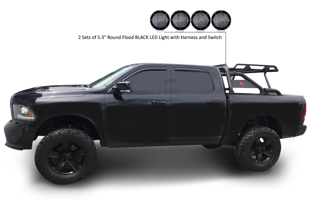 Warrior Black Horse Roll Bar Incl. Set of 5.3" Dia.LED Lights Compatible with 1/2 TON Trucks (GM Silverado 14+/Ford F150 15+/Dodge RAM 15+) with Full Size Cargo Basket(with RED Brake Light)