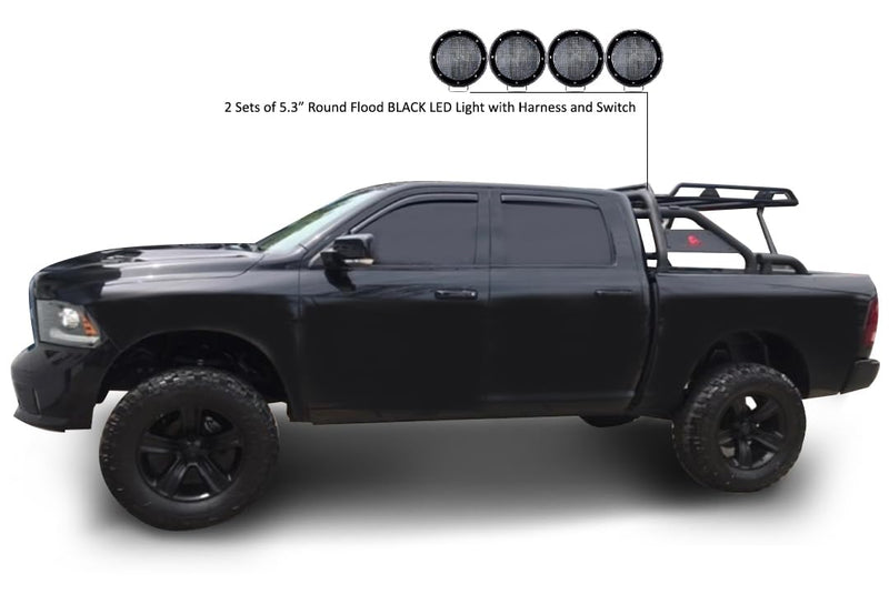 Warrior Black Horse Roll Bar Incl. Set of 5.3" Dia.LED Lights Compatible with 1/2 TON Trucks (GM Silverado 14+/Ford F150 15+/Dodge RAM 15+) with Full Size Cargo Basket(with RED Brake Light)