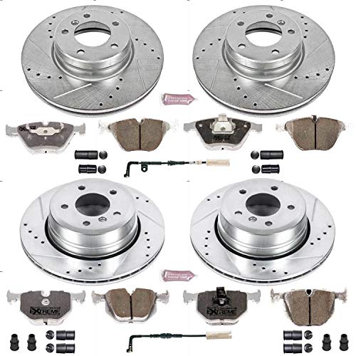 Power Stop Z26 Carbon Fiber Brake Pads K5440-26 with Front and Rear Drilled & Slotted Brake Rotors Kit and 1 Front & 1 Rear Sensor Wires For BMW 530xi, BMW 535i xDrive, BMW 5 [Model Specific]