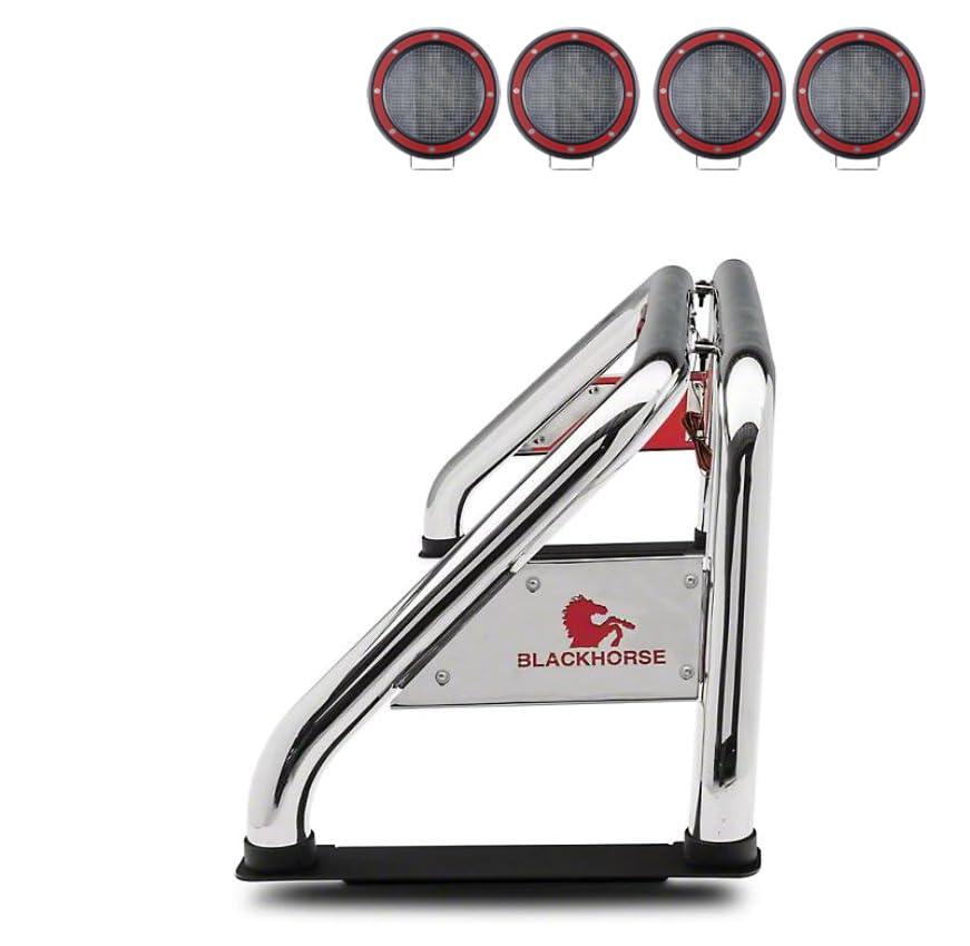 Roll Bar Black Horse Classic Incl. Set of 5.3" Dia.LED Lights w/Red Trim Rings Stainless Steel Compatible with 19-24 Ram 1500 Excludes Classic models-RB002SS-PLFR