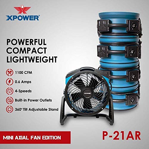 P-21AR XPOWER 11" Diameter Industrial High Velocity Axial Air Mover/Carpet Dryer/Floor Fan/Utility Blower 1100 CFM, 0.6 Amps
