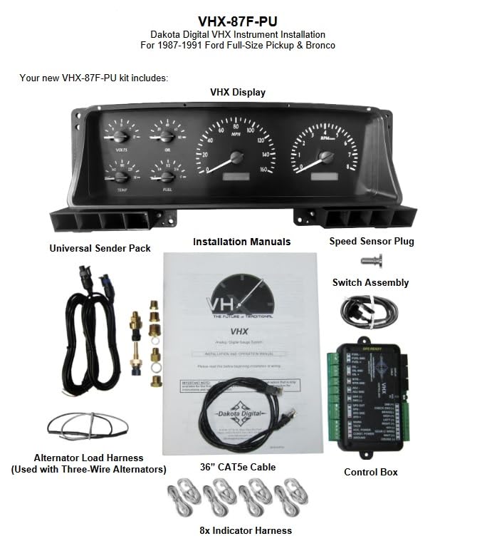 Dakota Digital VHX-87F-PU-S-W Analog Dash Gauge System with Compatible 1987-91 Ford Pickup and Bronco, Silver Alloy Style, White Backlighting