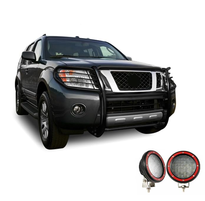 Grille Brush Black Horse Bumper Guard Modular Black Come with Pair of 5.3" Dia.LED Lights with Red Trim Rings Compatible with 2005-2021 Nissan Frontier|2005-2007 Nissan Pathfinder-17A110200MA-PLFR