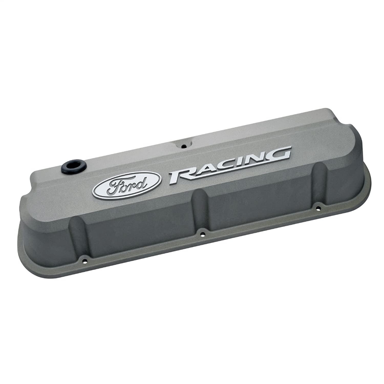 Slant-Edge Valve Cover, Tall, Baffled, Breather Hole, Raised Ford Racing Logo, Aluminum, Gray Crinkle Powder Coat