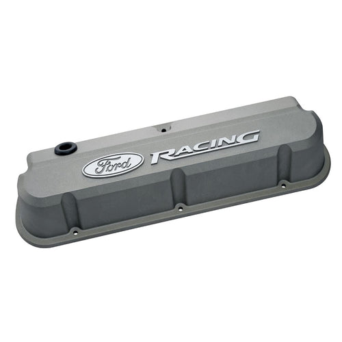Slant-Edge Valve Cover, Tall, Baffled, Breather Hole, Raised Ford Racing Logo, Aluminum, Gray Crinkle Powder Coat