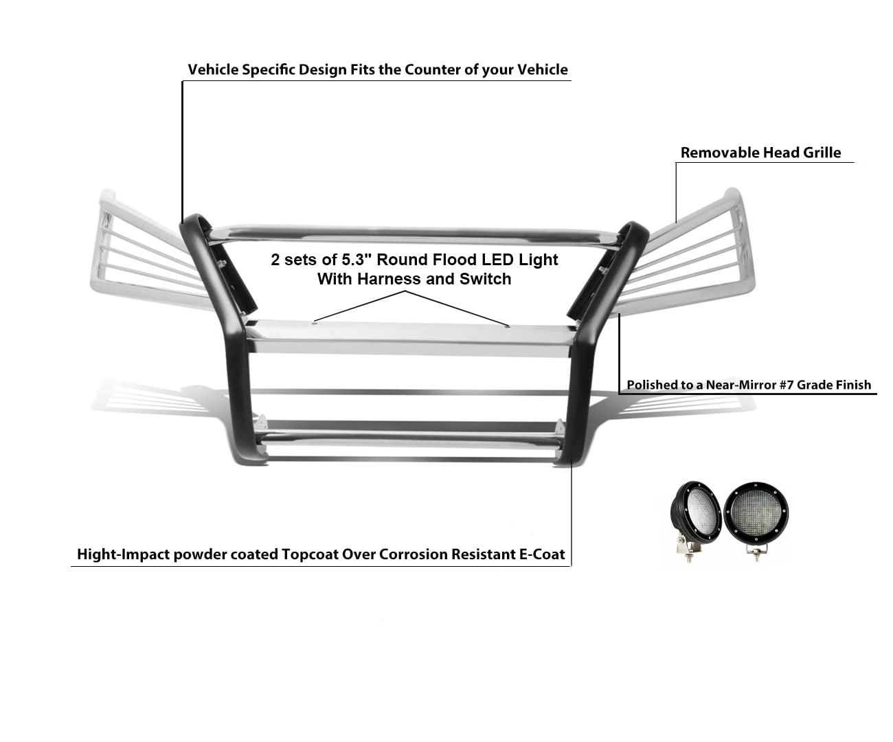 Grille Brush Black Horse Bumper Guard Modular Stainless Steel Come with Pair of 5.3" Dia.LED Lights with Black Trim Rings Compatible with 2004-2006 Lexus RX330|2007-2009 Lexus RX350-17G80330MSS-PLFB
