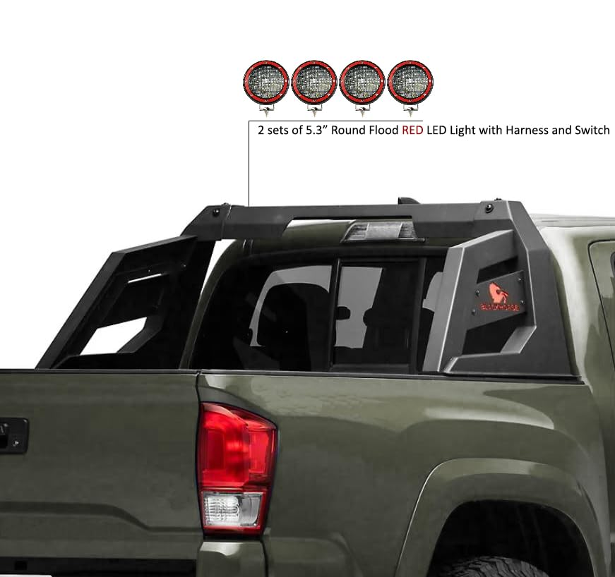 Armour Black Horse Roll Bar Incl. Set of 5.3" Dia.LED Lights w/Red Trim Rings Matte Black Compatible with 2015-2023 Chevrolet Colorado|2015-2023 GMC Canyon|2015-2023 Toyota Tacoma-RB-AR3B-PLFR