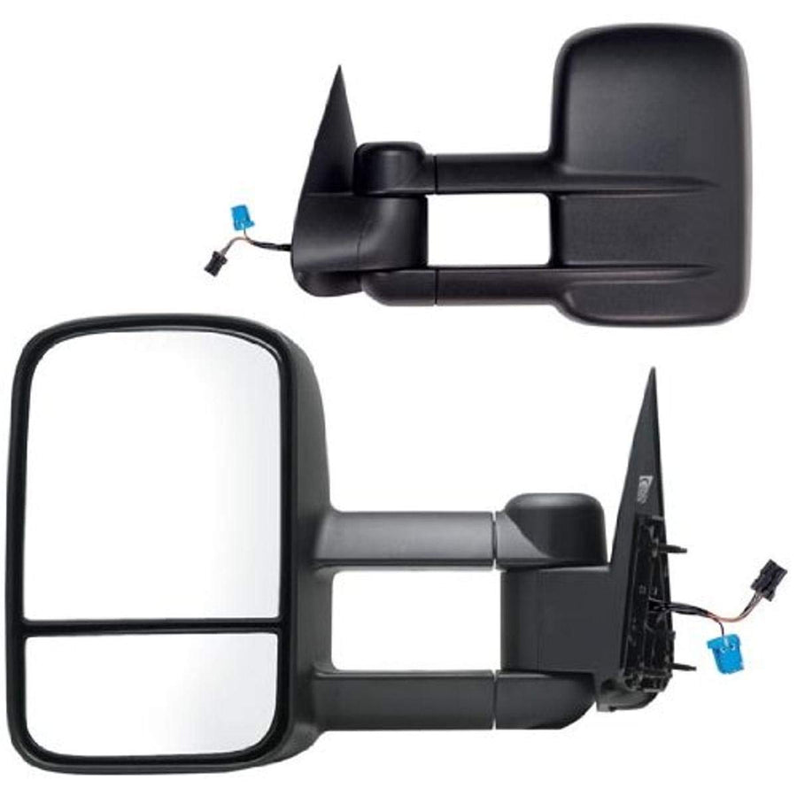 K Source Towing Mirror Extendable Pair For 2003 - 2007 Escalade, Avalanche, Suburban, Tahoe, Yukon, Silverado, Sierra, Silverado/Sierra Classic. Textured Black, Power Heated, Manual, Dual Lens, Foldaway