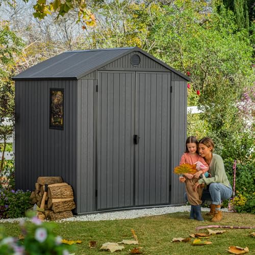 Keter 6 x 6 Foot Darwin Spacious Heavy Duty Outdoor Storage Shed for Organizing Garden Accessories and Tools with Double Doors and High Ceiling, Gray