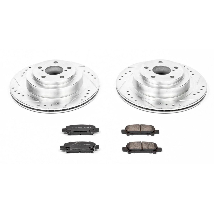 Rear Power Stop K219 Z23 Carbon Fiber Brake Pads with Drilled & Slotted Brake Rotors Kit For Subaru Legacy 2005-2009 [Model Specific]