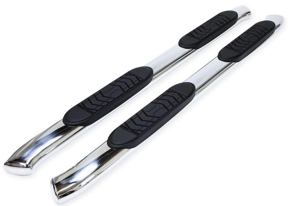 Toyota Tundra CrewMax TrailFX A7078S Truck Running Board Fits 2007-2021 Oval 5 Inch Bent Side Bars with Step Pads, Polished Stainless Steel, Welded End Caps, Rocker Panel Mount