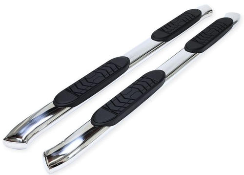 Toyota Tundra CrewMax TrailFX A7078S Truck Running Board Fits 2007-2021 Oval 5 Inch Bent Side Bars with Step Pads, Polished Stainless Steel, Welded End Caps, Rocker Panel Mount