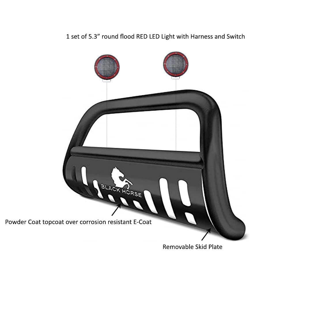 Bull Bar Black Horse Skid Plate Come with Pair of 5.3" Dia. LED Flood Lights with Red Trim Rings Compatible with 2003-2005 Kia Sorento-CBB-KIB1601SP-PLFR