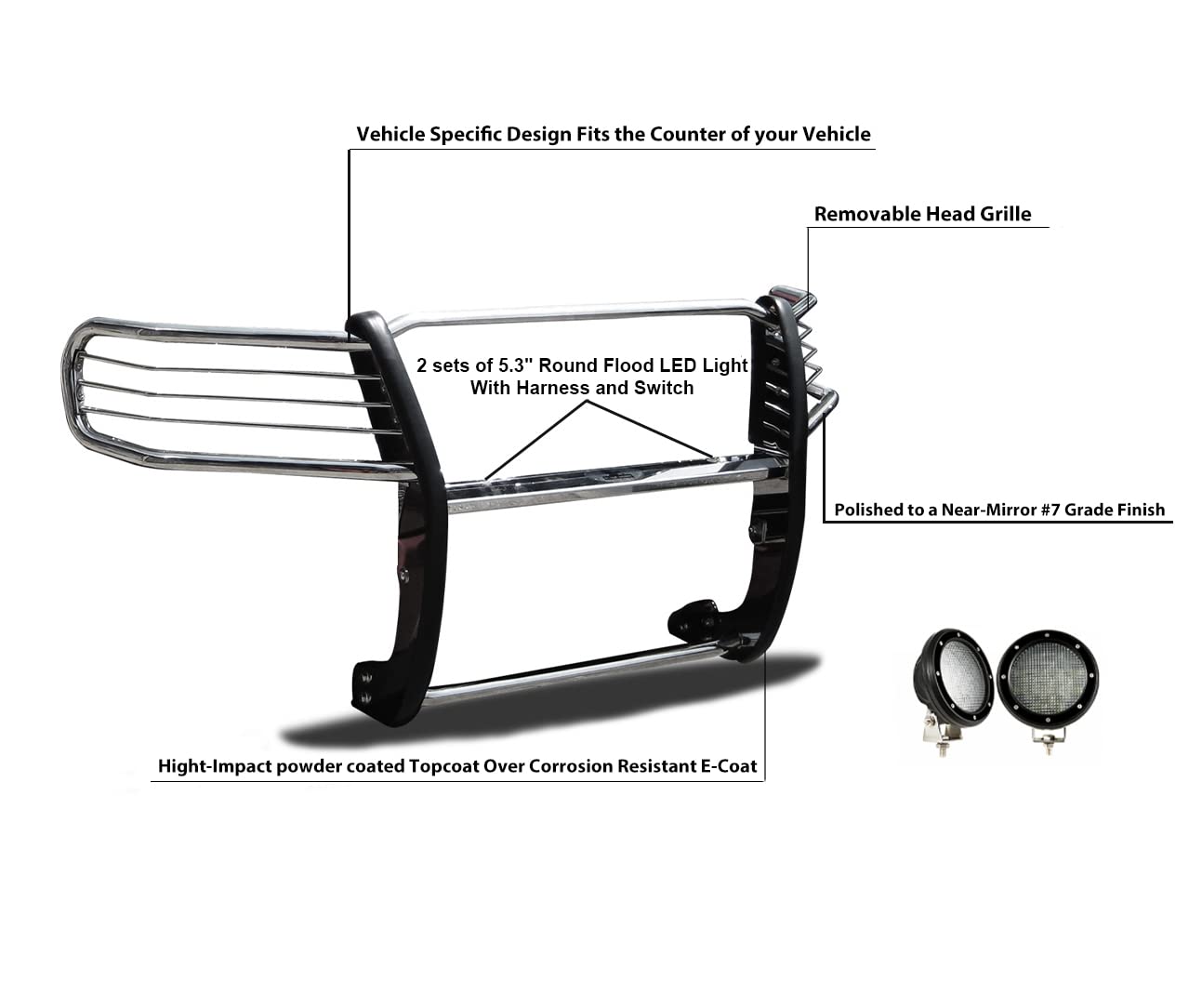 Bumper Guard Black Horse Grille brush Modular Stainless Steel Come with Pair of 5.3" Dia.LED Lights with Black Trim Rings Compatible with 2016-2022 Honda Pilot-17H151402MSS-PLFB