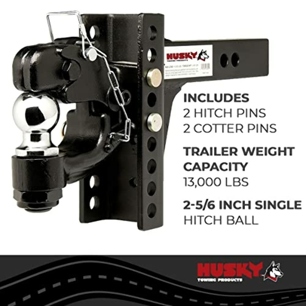 Pintle Hook Husky Towing 33110 with 2-5/16 Inch Ball 2 Inch Receiver Mount 13,000 lbs Hook Capacity Black Powder Coated Steel Solid Shank