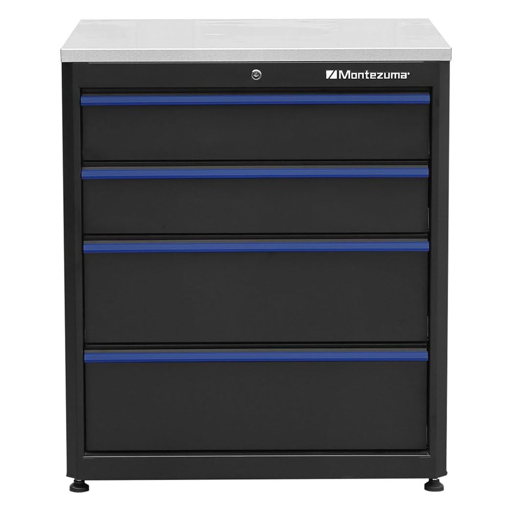Garage Tool Storage System Montezuma - 30.5 x 24" Locking 4 Drawer Workbench with Ball Bearing Slides & Stainless Steel Worktop - BKMG30244BC