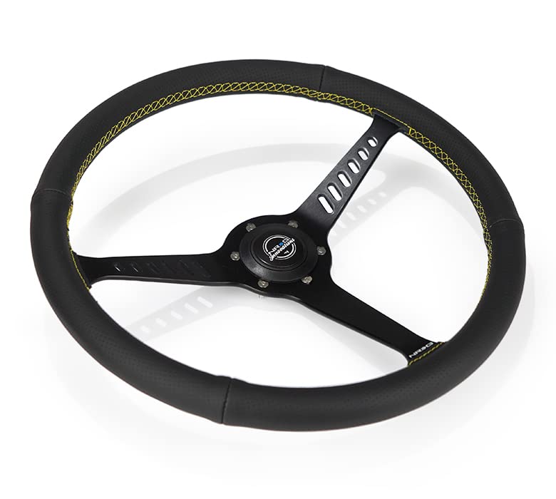 NRG Innovations Reinforced NRG-RST-380-STL-Y Classic Stealth Wheel, 380mm, 3 Spoke Center with Diagnal Slits, 1" Deep Dish with Perforated Leather and Yellow Stitching