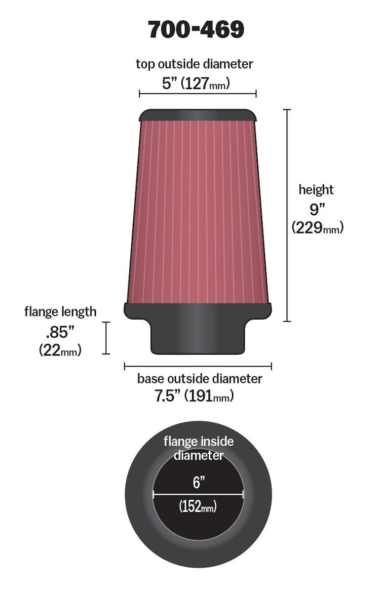 AIR-700-469 Airaid Universal Clamp-On Air Filter: Round Tapered; 6 in (152 mm) Flange ID; 9 in (229 mm) Height; 7.25 in (184 mm) Base; 5 in (127 mm) Top, Black
